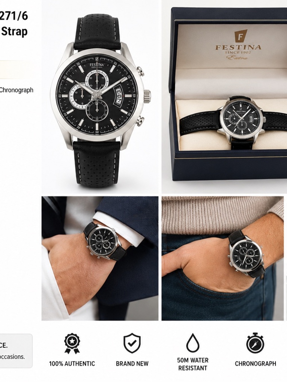 Men's Black Chronograph Leather Strap Watch